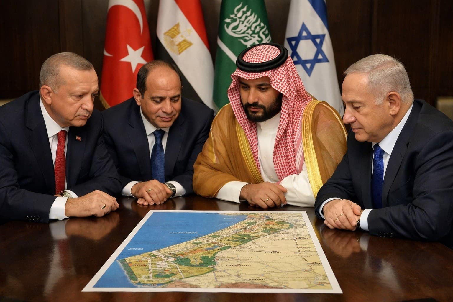 صراع خمسة لاعبين على طاولة واحدة.. الصراع لم يعد على غزة؛ أصبح على من يملك "زمن الدولة الوظيفية" الجديد - الصورة مولدة بالذكاء الاصطناعي