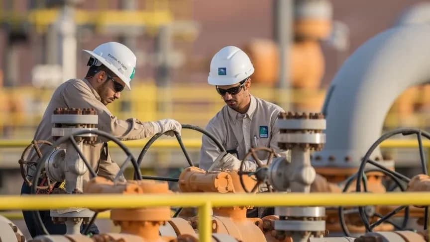 مهندسان في ميدان العمل في أحد مشاريع شركة أرامكو السعودية في المنطقة الشرقية من المملكة - بلومبرغ
