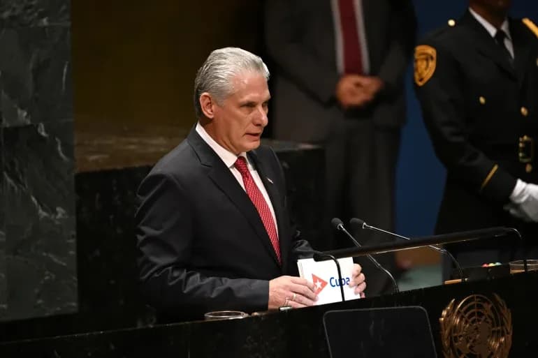 رئيس كوبا ميغيل دياز كانيل يلقي خطابا أمام الجمعية العامة للأمم المتحدة في 19 سبتمبر 2023 (الفرنسية)