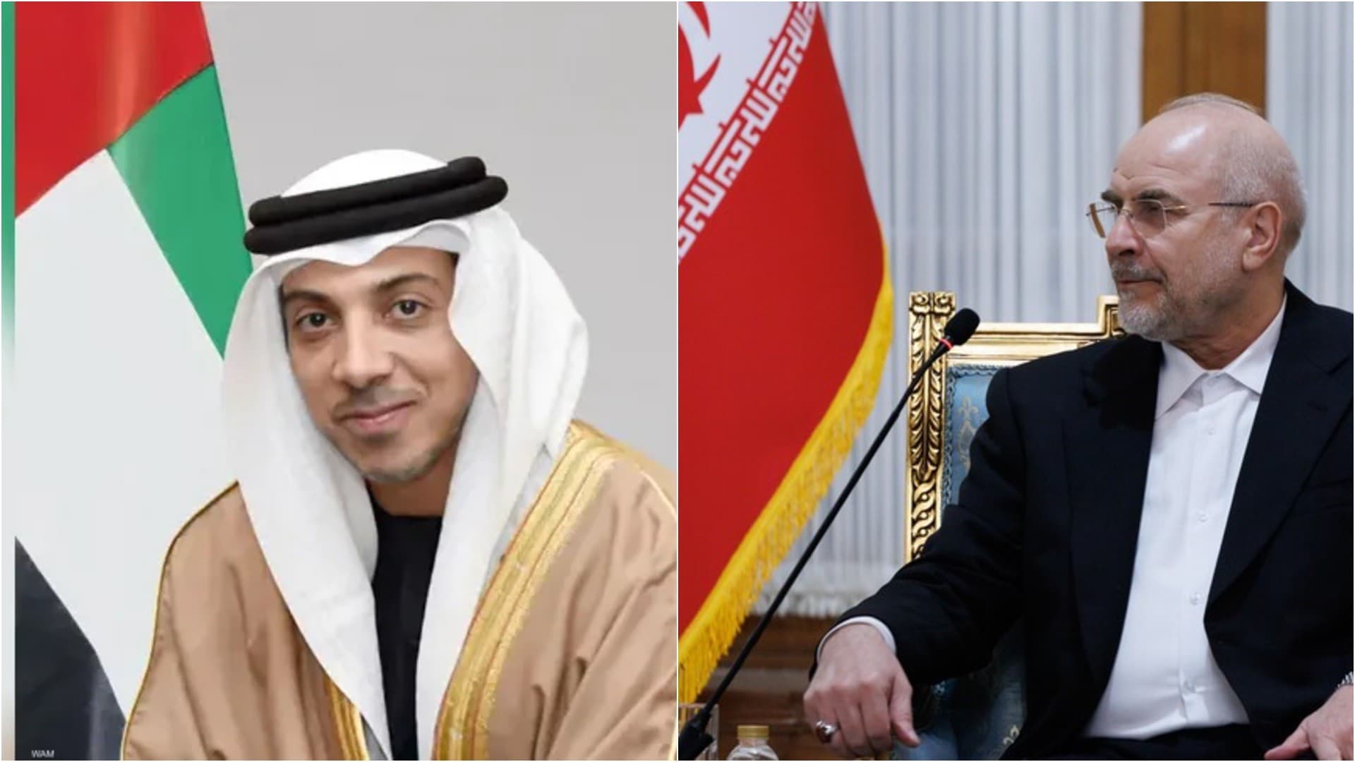 بحث منصور بن زايد آل نهيان نائب رئيس الإمارات، الأربعاء، مع رئيس البرلمان الإيراني محمد باقر قاليباف، سبل خفض التصعيد في المنطقة