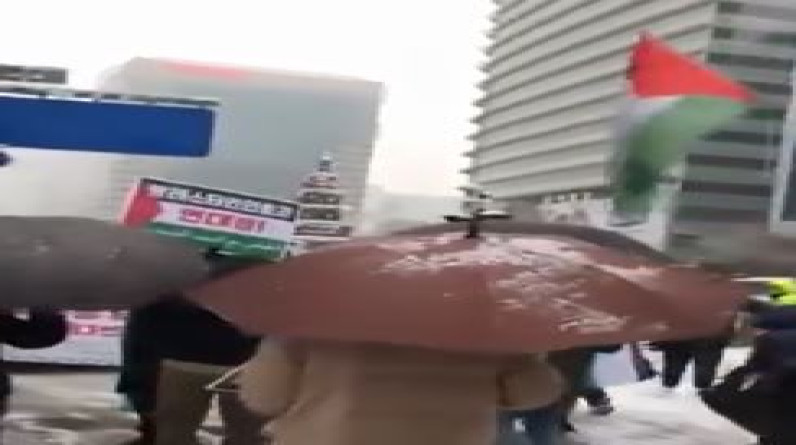 بالفيديو.. مظاهرات في كوريا الجنوبية دعما لـ غزة رغم تساقط الثلوج