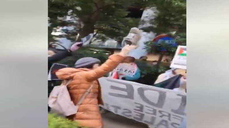 متظاهرون يرفعون أحذيتهم بوجه السفارة الأمريكية في اليابان بسبب حرب غزة (فيديو)